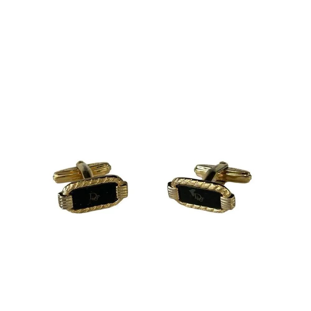 Christian Dior Authentic Rectangular Cufflinks Gold Black Stone Men's Jewelry
